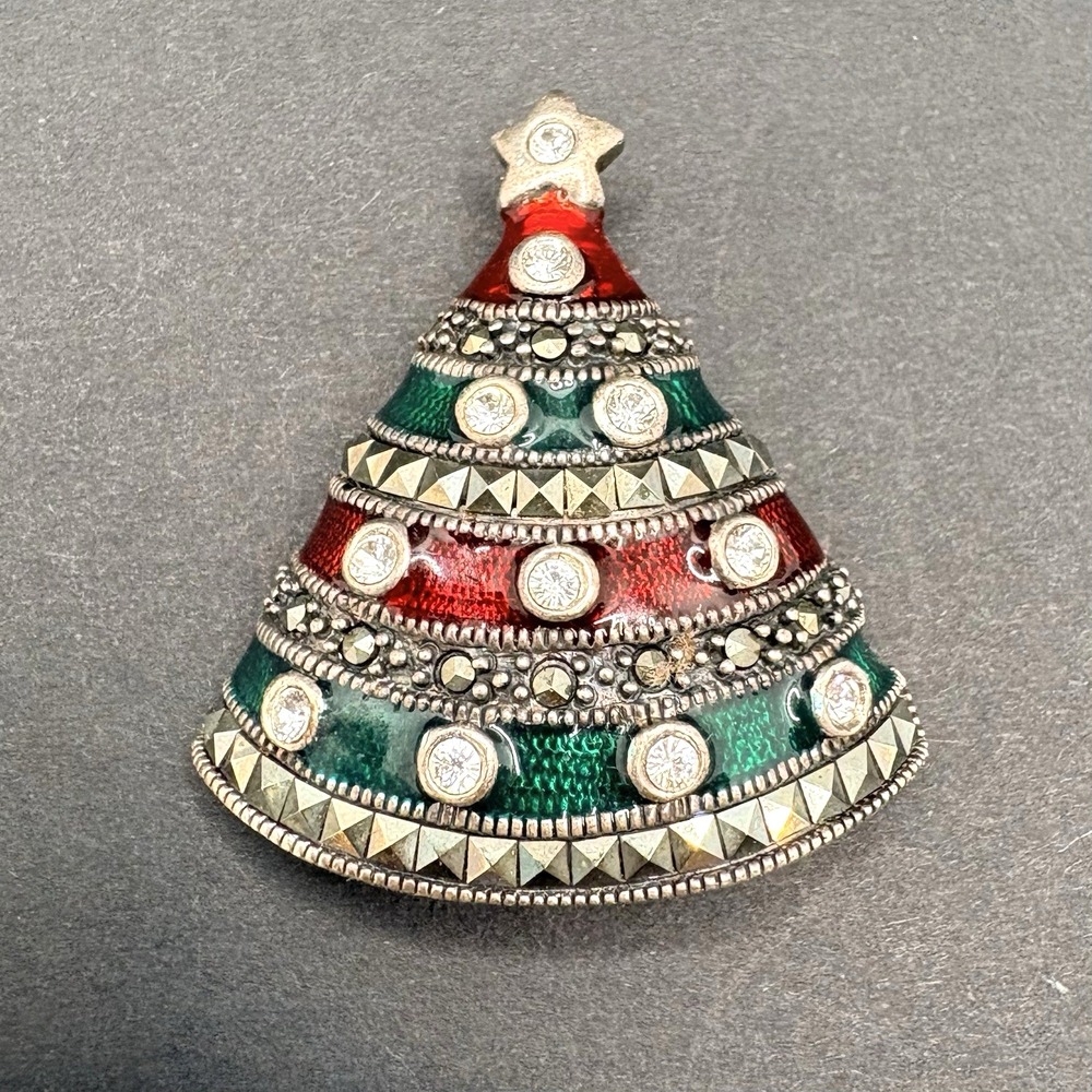 Vintage Christmas Tree Brooch 925 Sterling Red & Green Enamel Marcasite Crystal